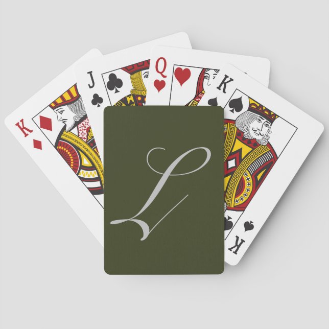 Olive Green und Grau Script Monogram Playing Cards Spielkarten (Rückseite)