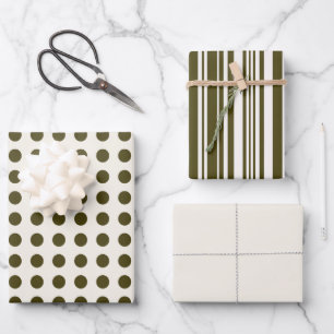 Olive Green und Old Lace Polka Punkte und Streifen Geschenkpapier Set