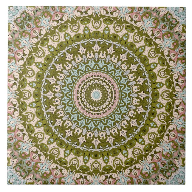 Olive Green und Pastel Mandala Muster Fliese (Vorderseite)