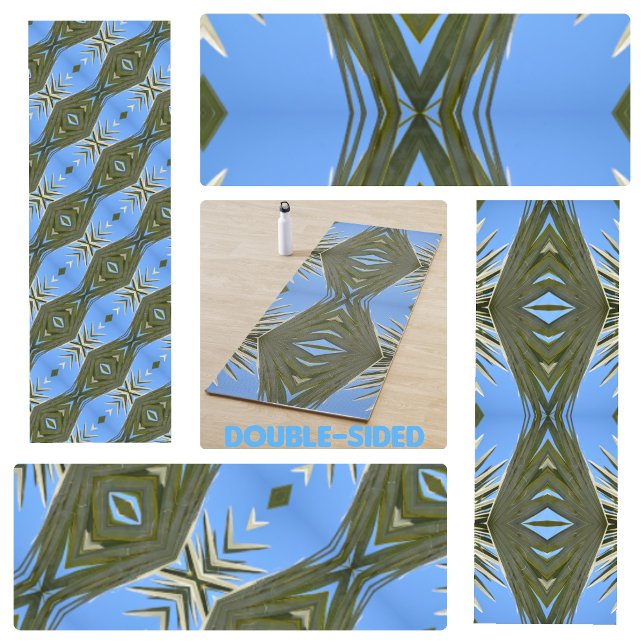 Olive Green und Sky Blue Palm Fronds Boho Chic Yogamatte (Von Creator hochgeladen)