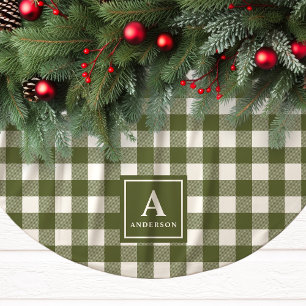 Olive Green und White Gingham Kariert Monogram Polyester Weihnachtsbaumdecke