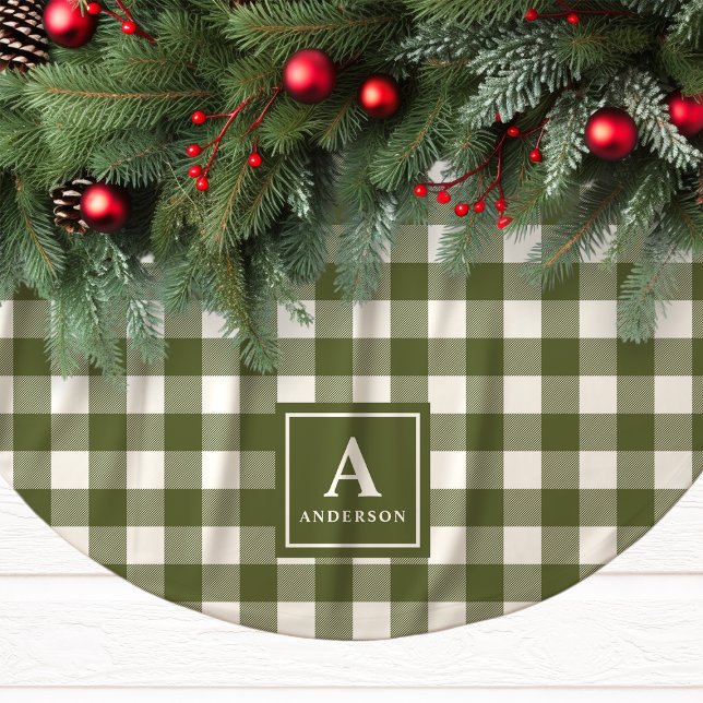 Olive Green und White Gingham Kariert Monogram Polyester Weihnachtsbaumdecke (Von Creator hochgeladen)