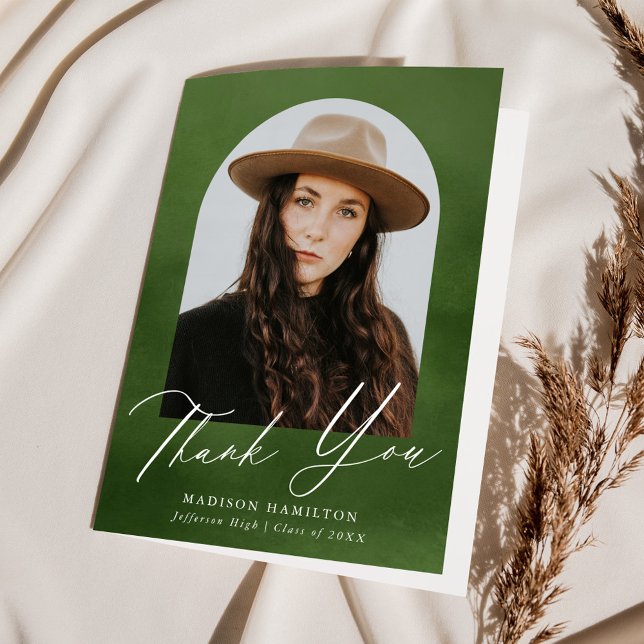 Olive Green Watercolor Arch Foto Abschluss Dankeskarte (Von Creator hochgeladen)