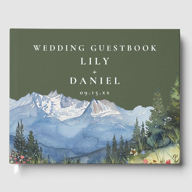 Olive Green Watercolor Mountain Wedding Photo Gästebuch (Vorderseite)