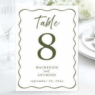 Olive Green Wavy Frame Wedding Modern Script Tischnummer