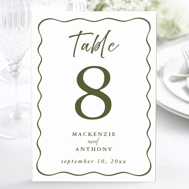 Olive Green Wavy Frame Wedding Modern Script Tischnummer (Olive Green Wavy Frame Wedding Modern Script Table Number)