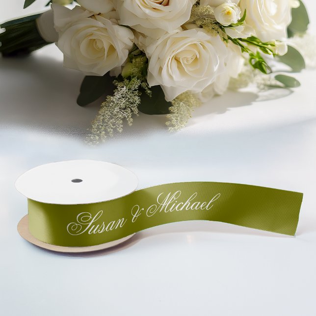 Olive Green Wedding Elegante Script Calligraphy Satinband (Von Creator hochgeladen)