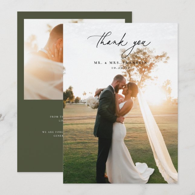 Olive Green Wedding Foto Dankeskarte (Vorne/Hinten)