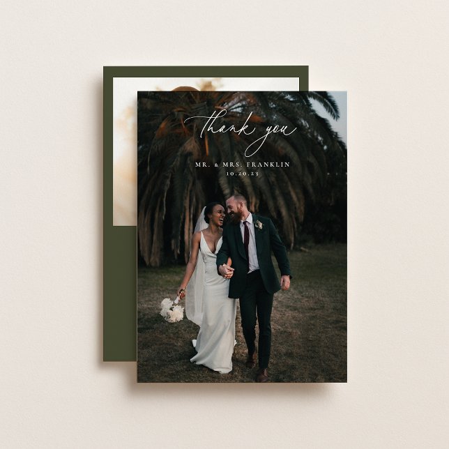 Olive Green Wedding Foto Dankeskarte (Von Creator hochgeladen)
