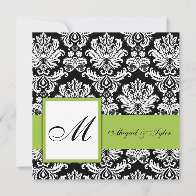 Olive Green Wedding Monogram Damask Einladung (Vorderseite)