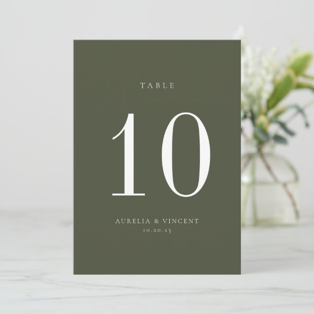 Olive Green Wedding Tischnummer Card (Stehend Vorderseite)