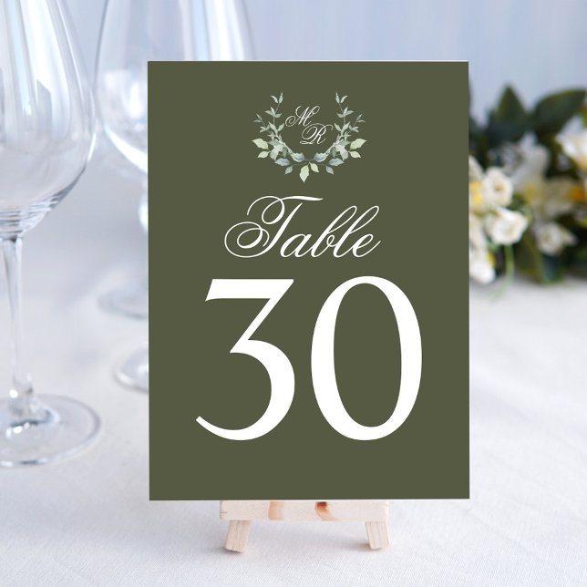 Olive Green Wedding Tischnummer Monogram Motif (Olive green wedding table number sign.)