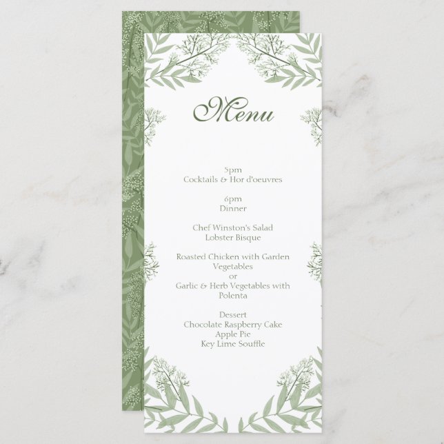 Olive Green Wedding Vintag Botanical Menu Menükarte (Vorne/Hinten)