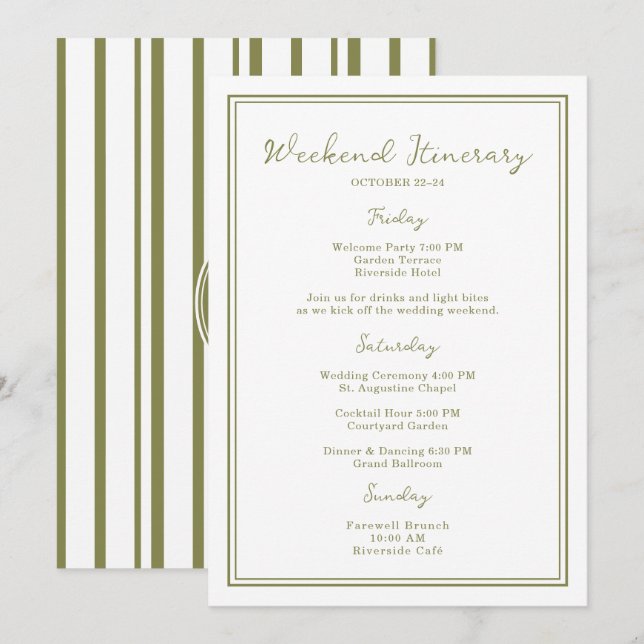 Olive Green Wedding Weekend Itinerary Card Einladung (Vorne/Hinten)