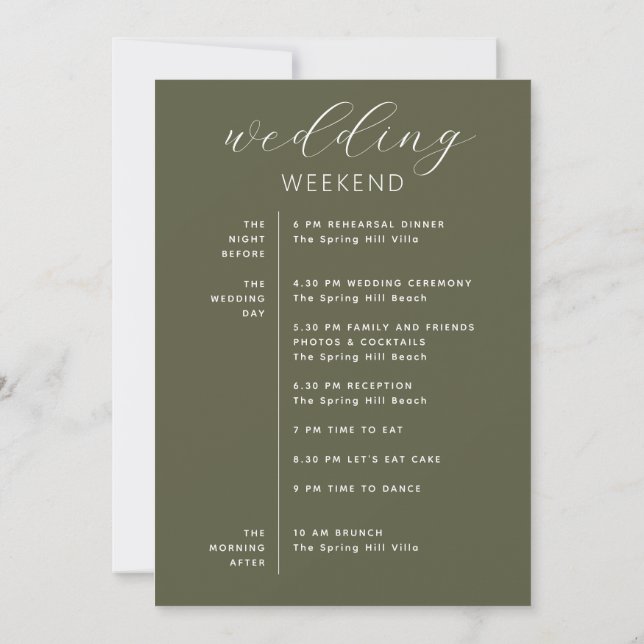 Olive Green Wedding Weekend Timeline & Welcome Einladung (Rückseite)