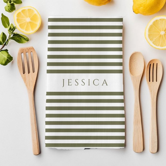 Olive Green & White Farmhouse Gestreiftes Muster Geschirrtuch (Olive Green & White Farmhouse Striped Pattern Kitchen Towel)