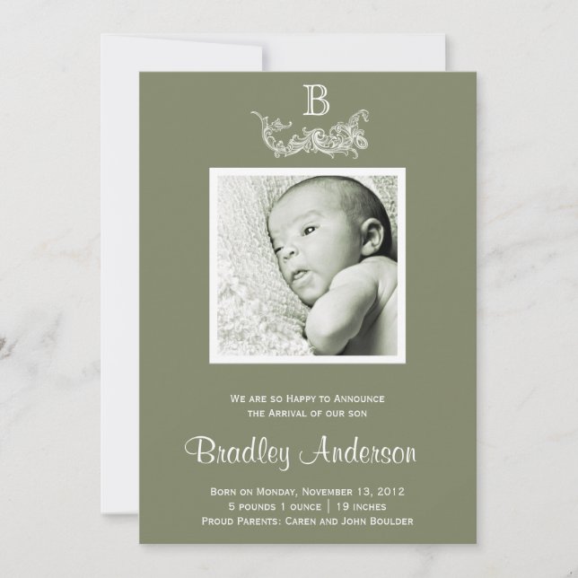 Olive Green White Frame Monogram Baby Ankündigung (Vorderseite)