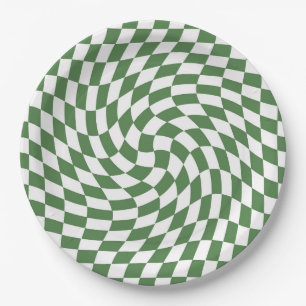 Olive Green & White Karos Checkered Pattern Pappteller