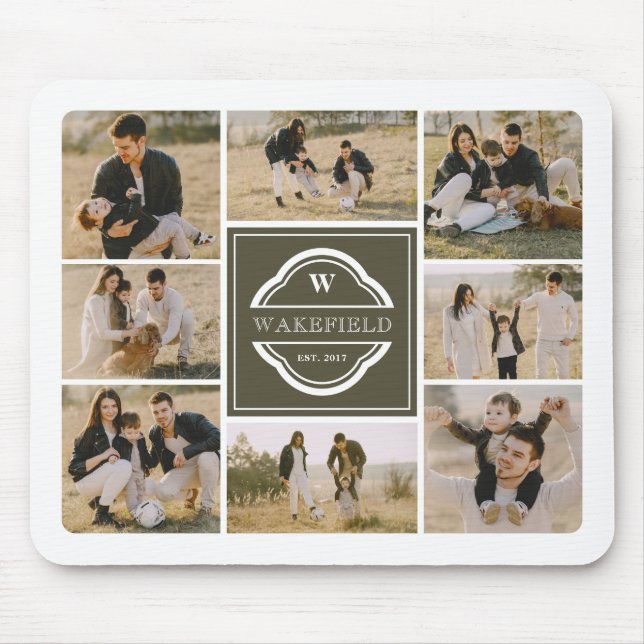 Olive Green White Monogram & Year Foto Collage Mousepad (Vorne)