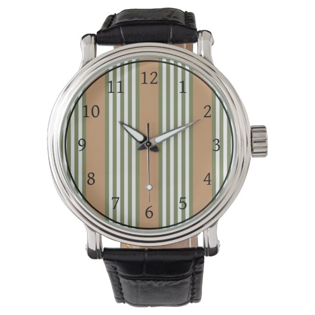 Olive-Green-White-Streifen-Muster mit Bräune Armbanduhr (Vorderseite)