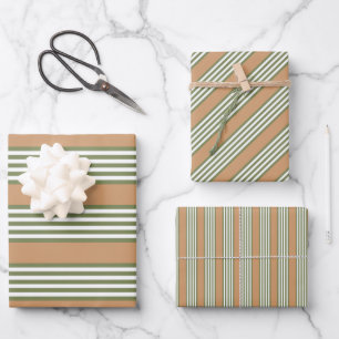 Olive-Green-White-Streifen-Muster mit Bräune Geschenkpapier Set