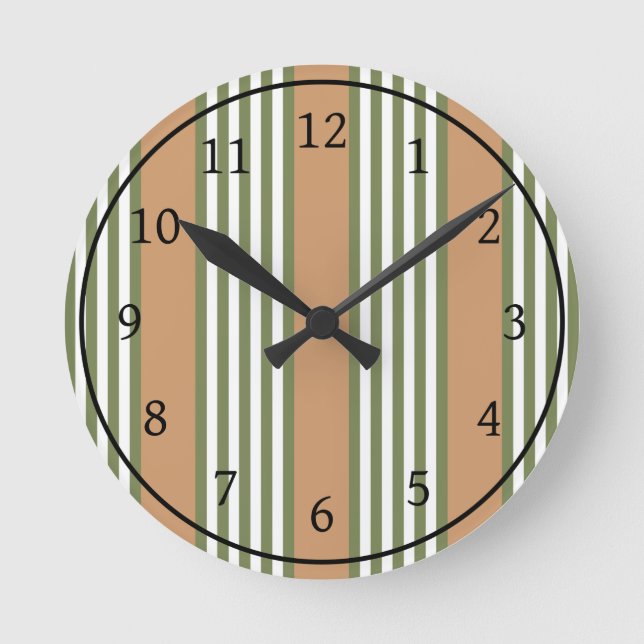Olive-Green-White-Streifen-Muster mit Bräune Runde Wanduhr (Vorderseite)