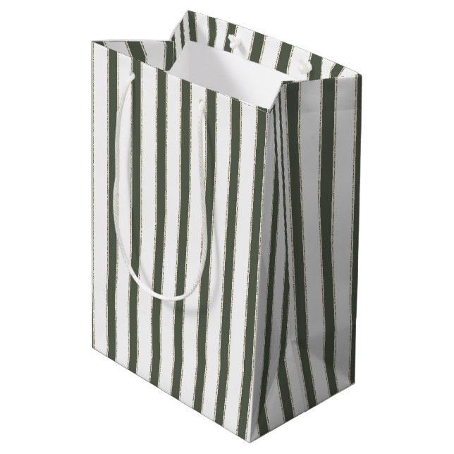 Olive Green White Stripes Christmas Mittlere Geschenktüte (Rückseite Schrägansicht)