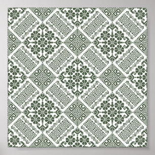 Olive Green & White Tatreez Henna Thobe Muster Poster