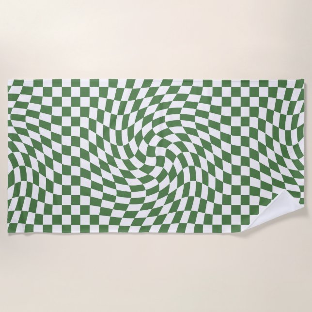 Olive Green & White Warted Checkered Pattern Strandtuch (Vorderseite)