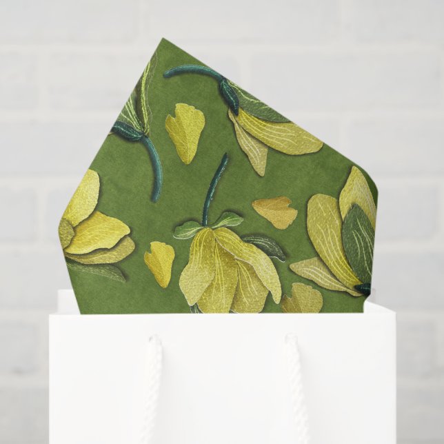 Olive Green Yellow Magnolia Blume Pattern Seidenpapier (Geschenktüte)