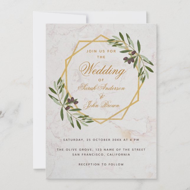 Olive Greenery Gold Botanical Geometric Wedding Einladung (Vorderseite)