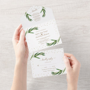 Olive Greenery Gold Confetti Monogram Wedding All In One Einladung