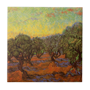 Olive Grove, Orange Sky von Vincent van Gogh Fliese