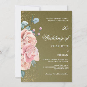 Olive-Hochzeit in Aquarellfarben und Rosa Einladung