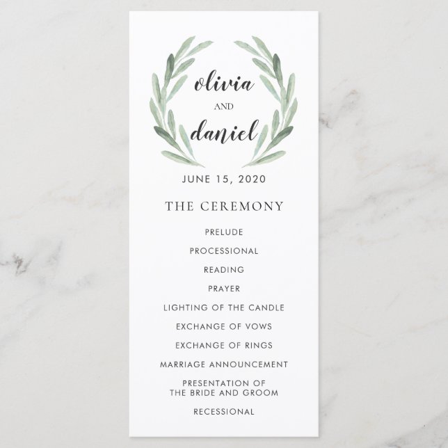 Olive Leaf Wreath Cursive Script Wedding Programm (Vorderseite)