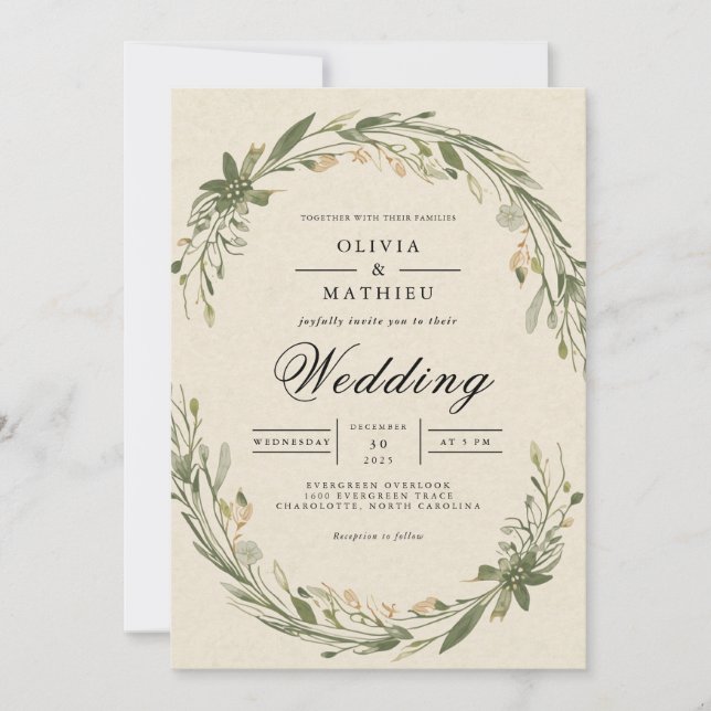 Olive Leaf Wreath Floral Wedding Einladung (Vorderseite)