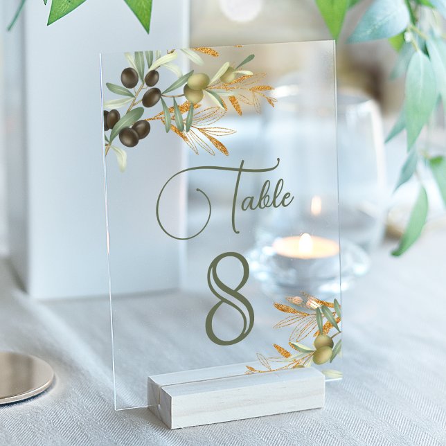 Olive Leaves Branch Wedding Acrylic Table Number Acryleinladungen (Von Creator hochgeladen)