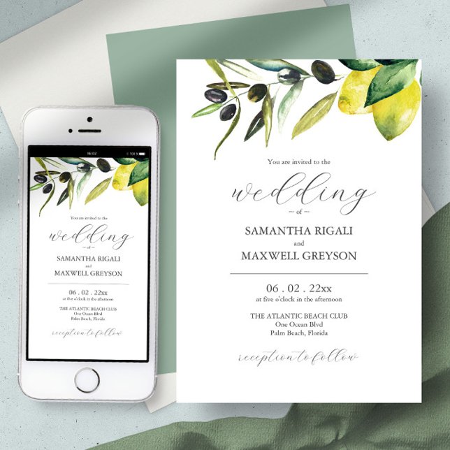 Olive Lemon Wedding Elegante Watercolor Einladung (editable wedding invitation cheap card and digital download virtual botanical lemon and olive branch)