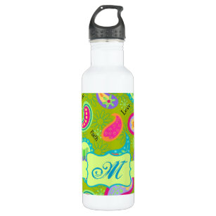 Olive Lime Green Modern Paisley Muster Monogram Trinkflasche