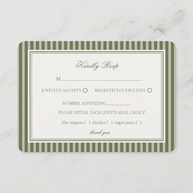 Olive Martini Green Old Money Striped Wedding RSVP Begleitkarte (Vorderseite)