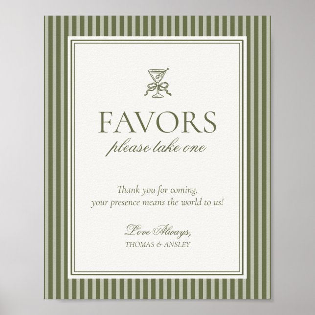 Olive Martini Green Striped Wedding Favors Sign Poster (Vorne)