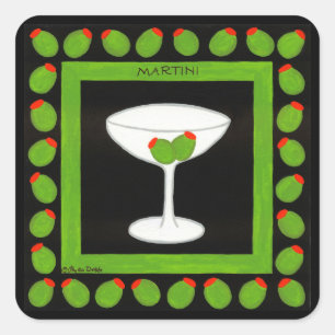 Olive Martini Retro Drinks Art Green und Black Quadratischer Aufkleber