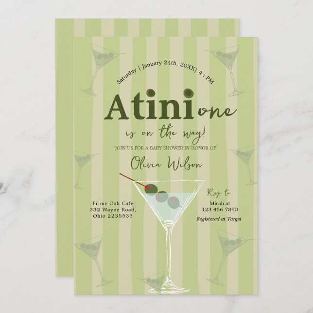 Olive Martini Tini One ist auf dem Weg Babydusche Einladung (Vorne/Hinten)