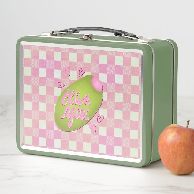 Olive Me Loves Olive You Retro Pink Check  Metall Brotdose (Beispiel)