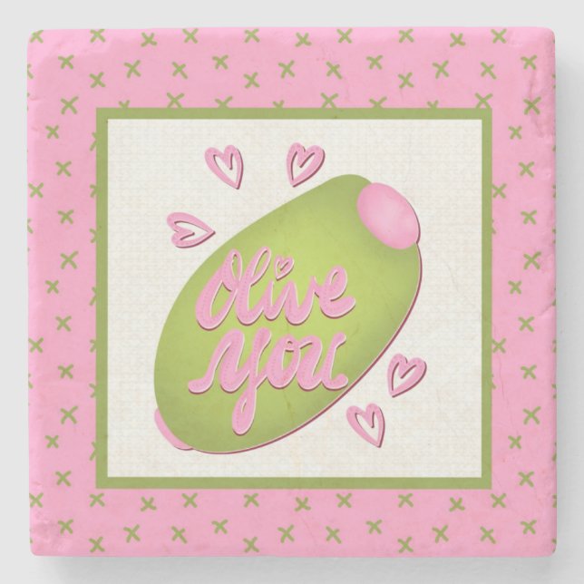 Olive Me Loves Olive You Retro Pink Olive Pattern Steinuntersetzer (Vorderseite)