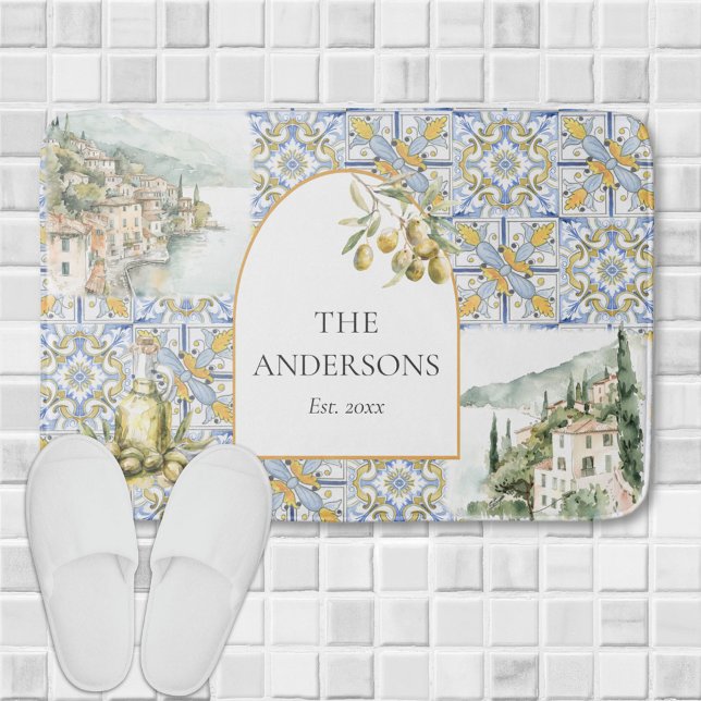 Olive Mediterranean Yellow Blue Tile Pattern Badematte (In situ)