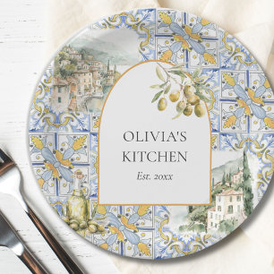 Olive Mediterranean Yellow Blue Tile Pattern Pappteller