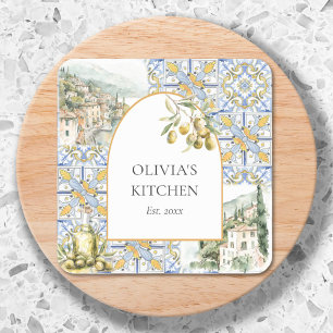 Olive Mediterranean Yellow Blue Tile Pattern Quadratischer Aufkleber