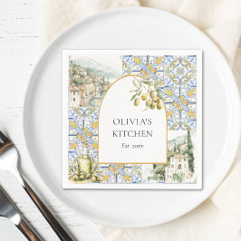 Olive Mediterranean Yellow Blue Tile Pattern Serviette