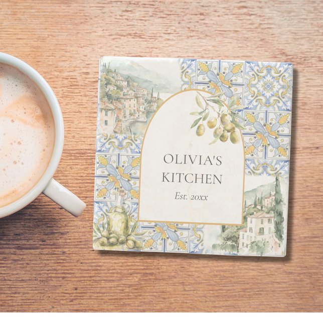 Olive Mediterranean Yellow Blue Tile Pattern Steinuntersetzer (In situ)